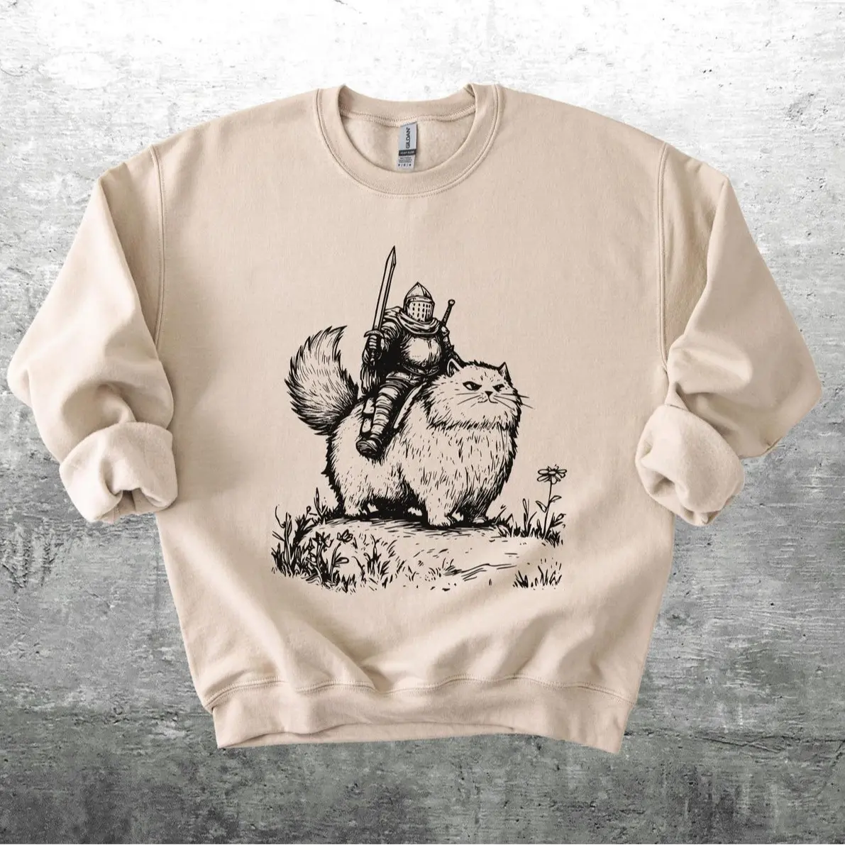 Funny Knight Riding Fluffy Cat Linocut Graphic Sweatshirt And T-Shirt | Fantasy Medieval Cat Lover Humor Aesthetic Graphic Pullover Unique Gift