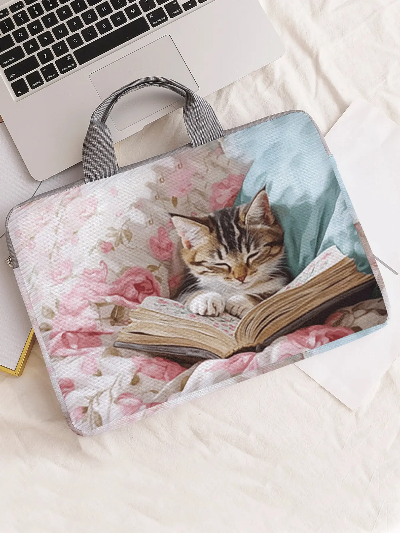 Cat Pattern Notebook Bag, Soft Laptop Sleeve, Tablet Case, Zipper Storage Pouch, Casual Style, All Seasons, Cartoon Design
