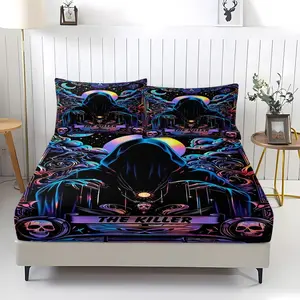 Death God pattern printed bedsheet, including 1 bedsheet and 2 pillowcases, anti slip dust cover suitable for bedrooms and guest rooms, suitable for personal use or gift giving
