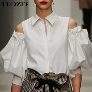 UOOZEE Women's Elegant Collared Sheer Tuxedo Blouse - Longsleeves, Breathable Fabric, Cold Shoulder, Button-Front, Casual Shirts for Office, Party Outfits (2025 Autumn/Spring/Summer, 1 Size Up Recommended for C-Cup+), Lady, Basic