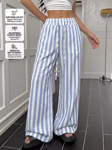 Blue & White Striped Linen Blend Wide Leg Pants, Women's Drawstring Waist Summer Trousers, Vacation Streetwear | TikTok Viral
