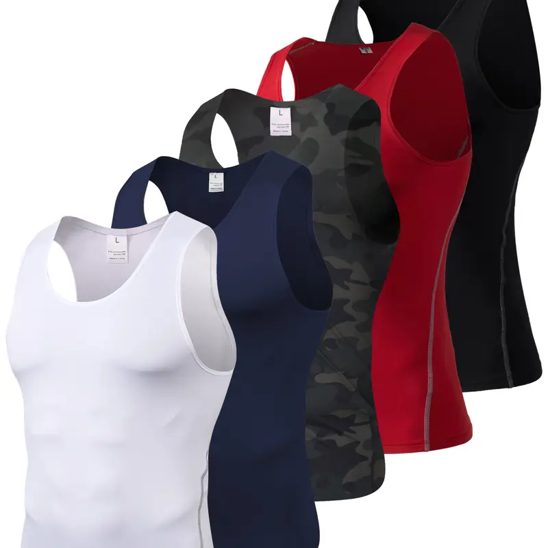 Men's 5-Pack Synthetics Undershirt - Round Crew Neck, Sleeveless, High Stretch Quick-Dry Fabric Compression Tank Tops, Minimalist Activewear for Gym Workout, Exercise Sports Activewear Vest