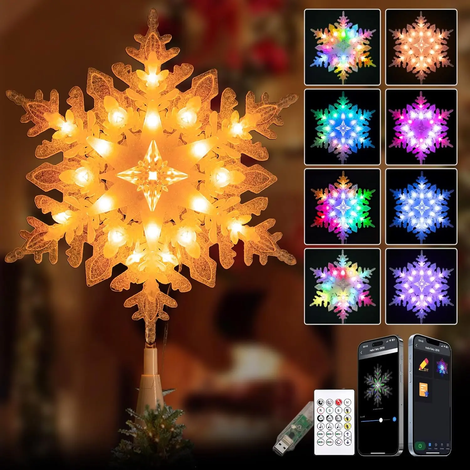 10in Smart Christmas Snowflake Tree Topper with 20 RGB Lights, DIY Color Changing, Music Sync, Timer, for Xmas Tree Indoor Home Decoration