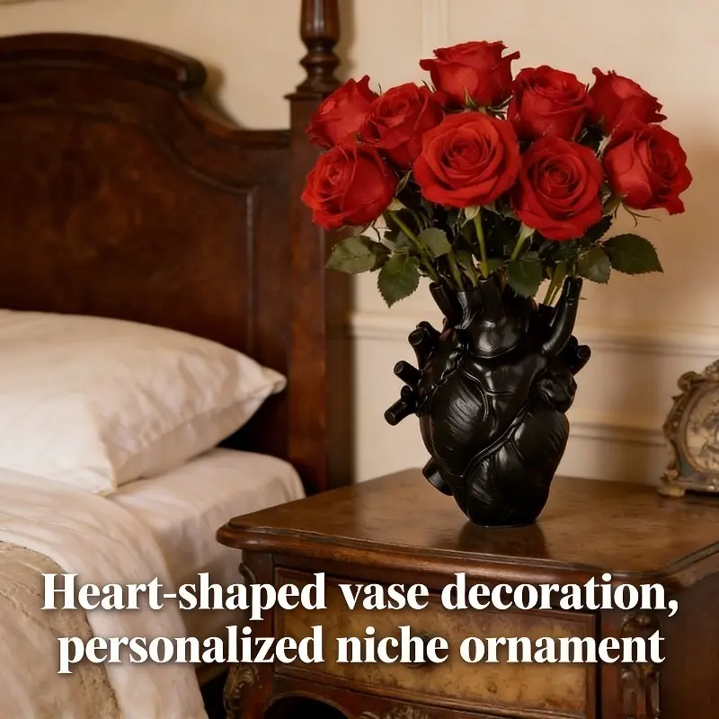 New Anatomical Heart Shaped Vase with Black Matte Finish, Modern Artistic Home Decor Ornaments, Perfect for Studio, Cafe, Bar, Can Hold Artificial Flowers, Ideal for Unique Personalized Gifts.
