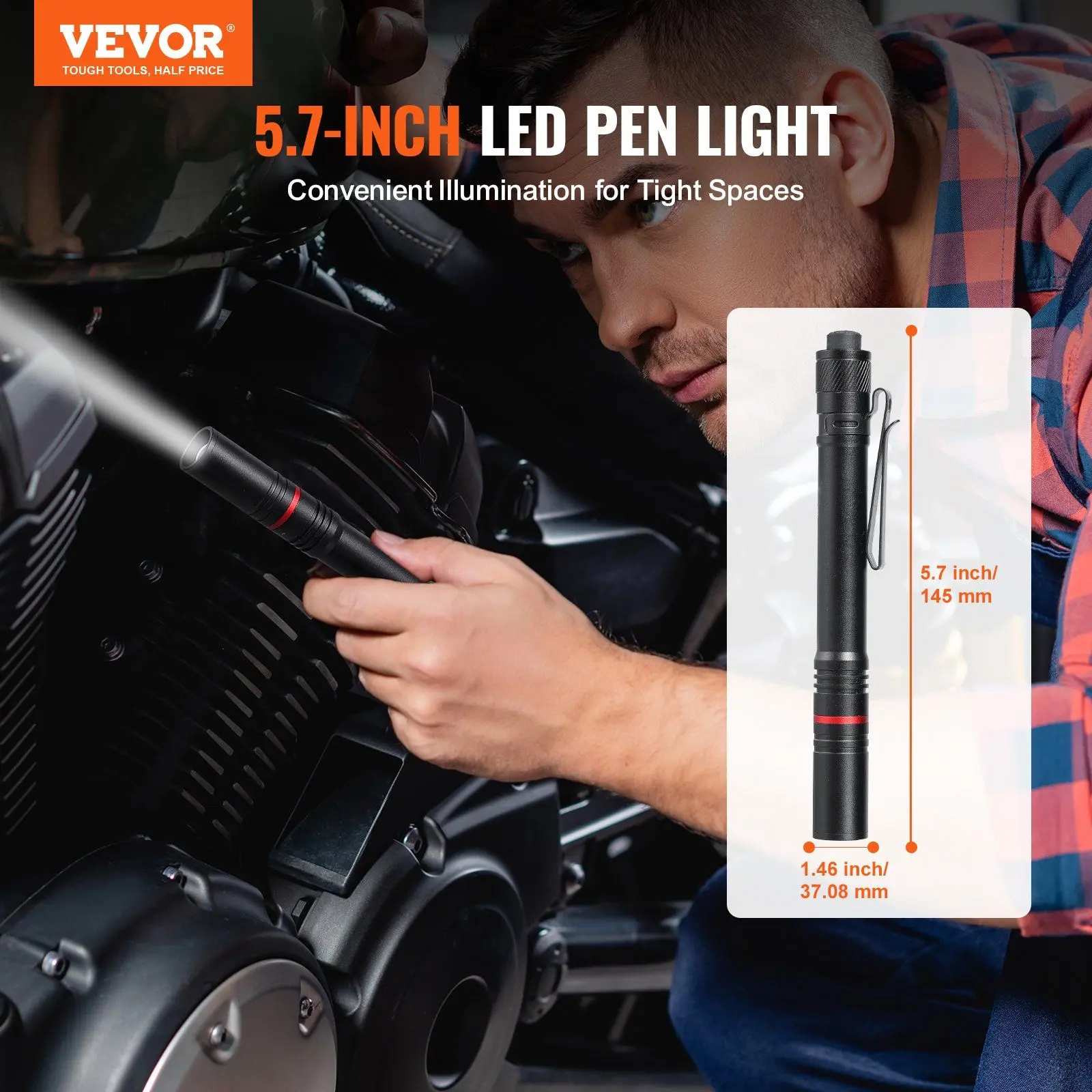 VEVOR 5.9 in USB-C Rechargeable Penlight Flashlight - 300 Lumens, 3 Lighting Modes, Compact Lightweight Work Pocket Penlight for Hiking, Outdoor Use