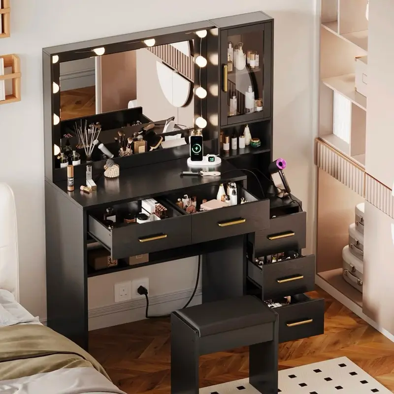 Vanity Desk, Makeup Vanity Desk, Stool Set, Power Outlet 5 Drawers, Side Cabinet