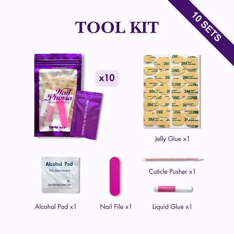 Nailphoria Toolkits 10 Sets with Premium Nail Glue, Sticky Tabs, Nail File, Cleansing Alcohol Wipe & Precision Cuticle Tool for Nail Care - Comfort, Manicure
