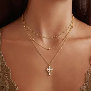  Layering Crown Cross Pendant Necklace for Women, 14K Gold Plated Cross Necklace Set, Trendy Layering Necklace, Christian Religious Gifts
