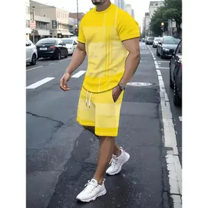 Men’s Casual Summer Two-Piece Yellow and White Plaid Outfit – Short-Sleeve T-Shirt and Shorts with Pockets, Lightweight Polyester, Perfect for Outdoor Activities, Outdoor Sportswear | Casual Style | Stretchable Fabric