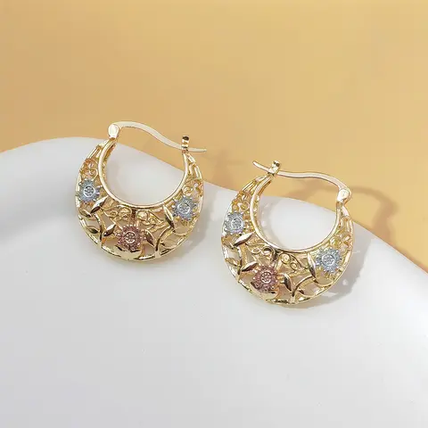Women's 14K Gold Plated Vintage Flower Hoop Earrings - Tri-Color Filigree Basket Unique Design Costume Jewelry, Vintage Statement Gold Hoops for Daily Wear & Gifting, Women's Jewelry & Accessories, Vintage Statement Earrings