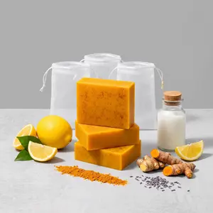 3PCS Lemon Turmeric KojicAcid Soap, Natural Organic Turmeric Face and Body Wash Soap Bar, Firm Pores, Even Out Skin Tone,Lemon Turmeric Glowing Skin Care Soap, Deep Clean, with Soap Saver Bags