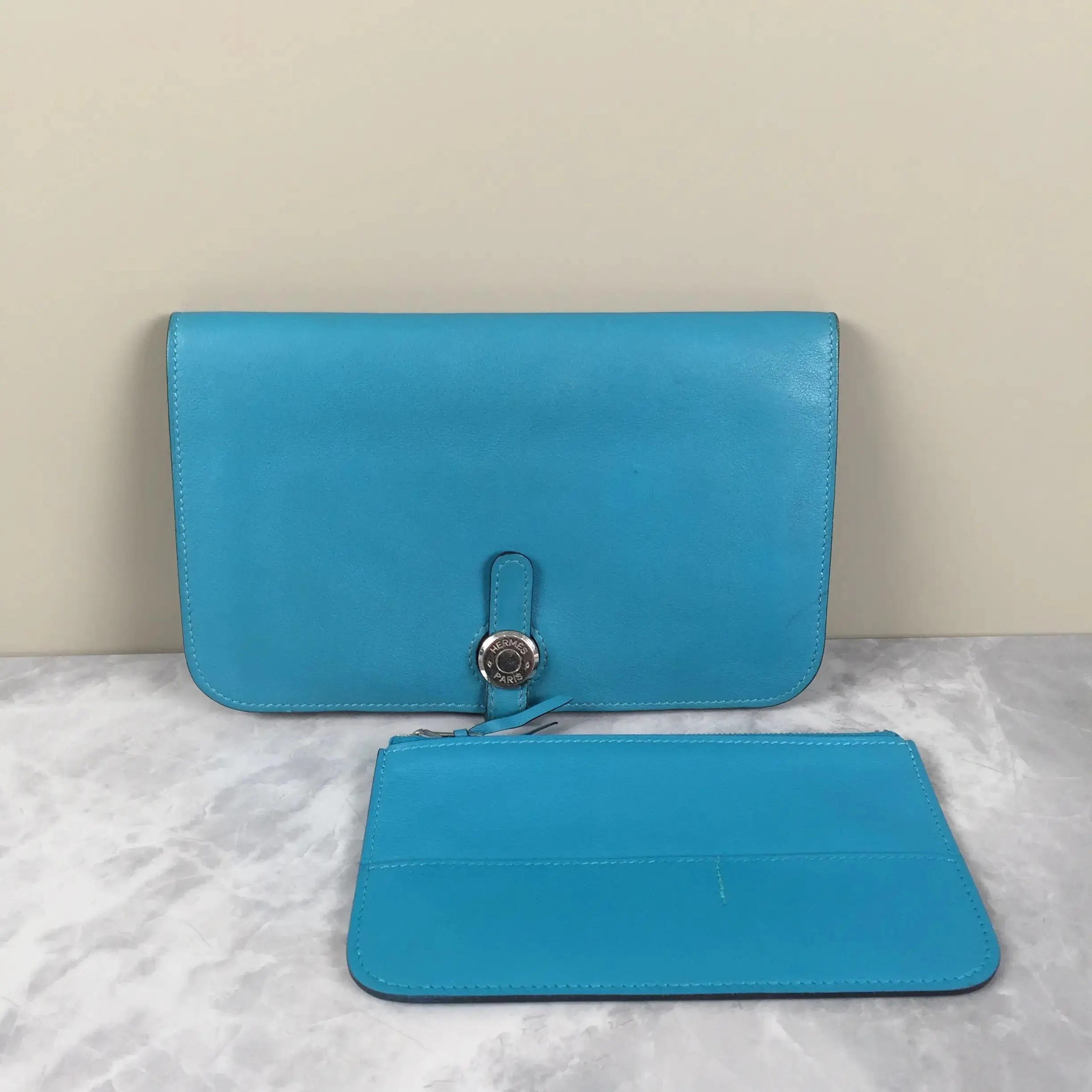 Pre-owned Hermes 2015 Bleu Atoll Clemence Leather Dogon Duo Wallet with Removable Pouch, Palladium HW, Snap Closure (SC156)