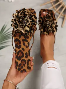 French Square Toe Leopard Print Slippers, Elegant Boho Beach Sandals, Fashionable Floral Sandals, Floral Decor, Casual Summer Footwear for Women