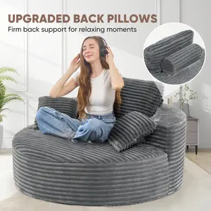 Oversized Round Sofa Bed Fluffy Lazy Bean Bag Modern Deep Seat Couch for Relaxation Plush Corduroy Fabric 3 Pillows Included No Assembly Required