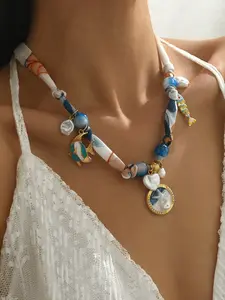 Multicolor Ocean Charm Fabric Necklace, Beachy Fish & Starfish Pendant Necklace for Women, Multiple Colors Available, Lightweight Design with Fabric Knots & Beads, Perfect for Summer, Beach Vacations, Festivals & Daily Wear, Trendy Ocean Themed Jewelry