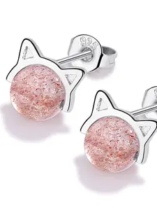 Cute Strawberry Quartz Cat Ear Studs, Simple Fresh Small Adorable Earrings, Attractive Peach Blossom Design, Ideal Gift Choice