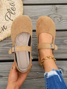 European Style Solid Color Casual Flat Mary Jane Shoes, Comfortable Soft Sole, All Seasons, Textile Upper, Rubber Sole, Women's Footwear