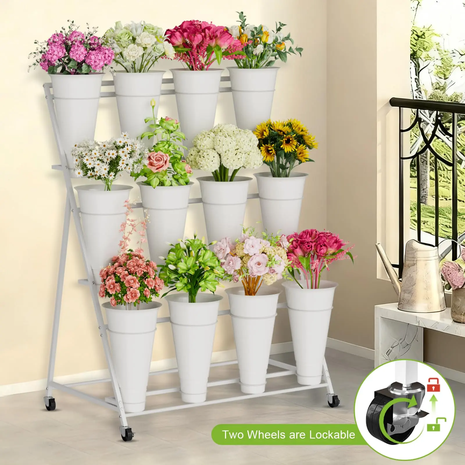 Aesthetic 3-Tier Flower Display Stand with 12 Buckets - White Rolling Plant Cart for Patio, Wedding & Party Decor