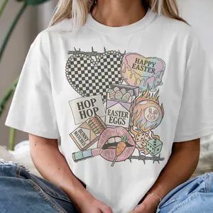 Vintage Easter Tees Retro Easter Rabbit Checkered Heart Graphic Tee Edgy Barbed Wire Dice Collage T-Shirt Casual Womenswear Holiday Spring Crewneck