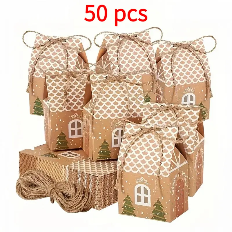 50-Pack Kraft Paper Christmas Candy & Cookie Boxes - Gingerbread House Design, Twine Tie, Home Holiday Party Favor Gift Boxes for Treats & Presents