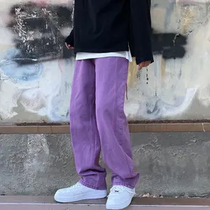 Men's 2024 New Asian Purple Plain Denim Jeans, Baggy Straight Wide-Leg Style with Green Accent, Y2000 Hip Hop Streetwear Fashion Bottoms