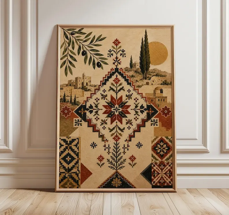 Palestine Palestinian Tatreez Poster, Olive Branch Unframed Art, Islamic Geometry Decor, Middle Eastern Heritage Wall Art