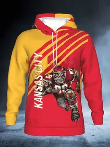 Men's Kansas City Inspired Football Player Hoodie, 3D Digital Graphic Print Team Colors, Long Sleeve Drawstring Cap, Casual Sportswear