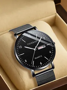 Men's Stainless Steel Watch with Mesh Strap Arabic Numerals Dial Quartz Movement Elegant Design