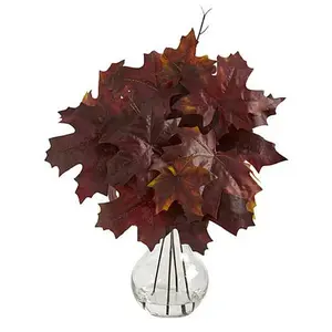 Nearly Natural 18 in. Autumn Maple Leaf Artificial Plant in Glass Planter