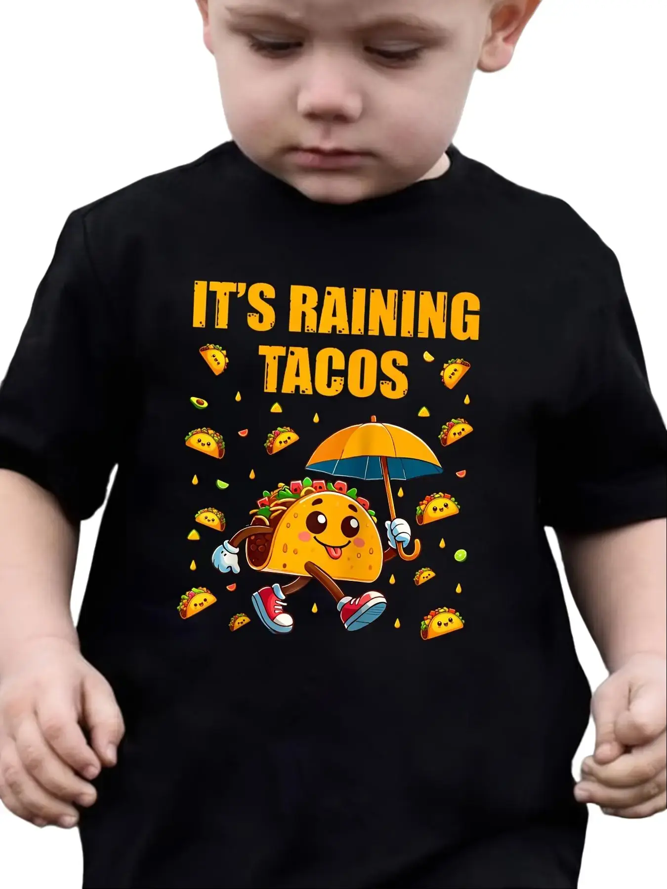 Toddler Boys "It's Raining Tacos" Taco Graphic T-Shirt, Soft Cotton Short Sleeve Tee, Funny Food & Cute Cartoon Top Comfy Top Breathable Fabric Top
