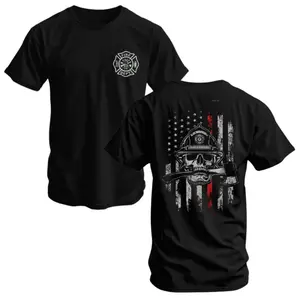 Firefighter Skull T-Shirt, Thin Red Line Flag and Axe Graphic, Soft Cotton Tactical Shirt, Bold Fire Dept Apparel for Men, Gift for Brave Firemen & Rescue Workers