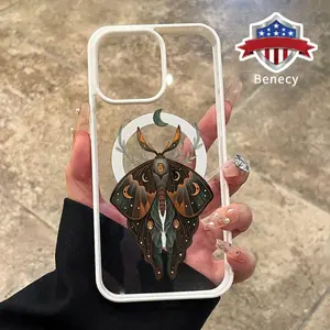 Vintage Moth Pattern Magnetic Phone Case for iPhone 15 16 14 Pro Max 13 12 11 XR XS Plus E Anti-Yellowing Shockproof Lightweight Transparent Acrylic Soft Cover Supports Wireless Charging