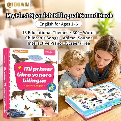 Spanish Bilingual Interactive Busy Book - Eco-Friendly Early Language Learning Toy for Kids Ages 1-6, Screen-Free Preschool Book, 300+ Words, 13 Themes, Song-Based Learning, Animal Sounds, Back to School Gift,familyfun