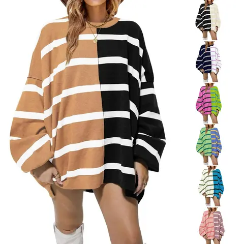 【Sweater】lmily Bela Womens Striped Pullover Sweater Crew Neck Long Sleeve Knitted Color Block Casual Loose Lightweight Sweaters for Women
