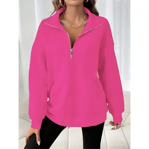 Women’s solid-color basic off-shoulder sweatshirt with half zip, autumn/winter casual pocket long-sleeve stand-collar pullover, women’s everyday wear GARMENTARY