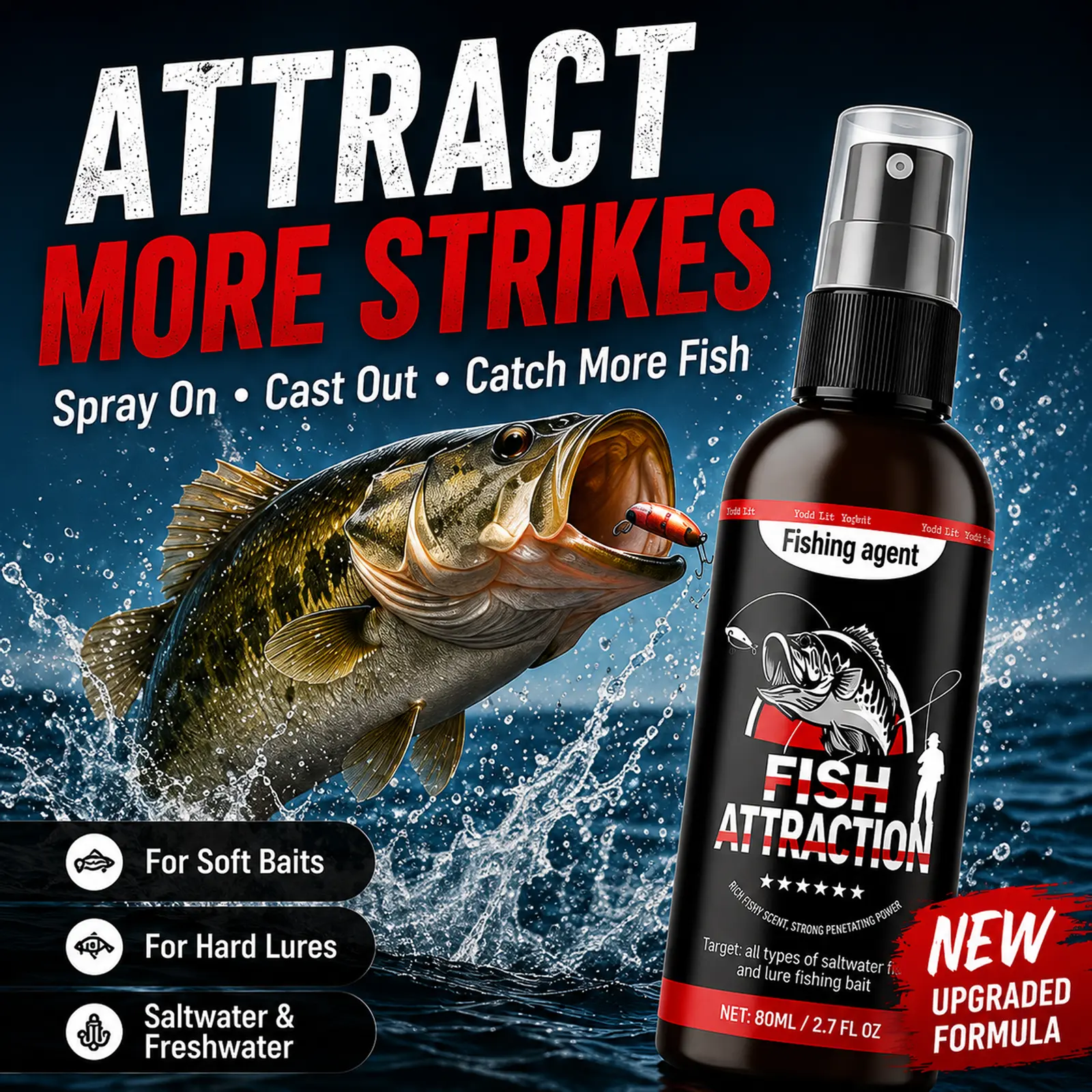 Fishing Attractant Spray for Lures, Concentrated Marine Scent Formula, Fish Attractant for Soft Baits & Artificial Lures, Bass & Saltwater Fishing Gear