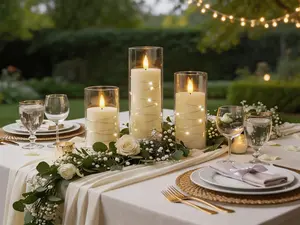 3-piece flickering acrylic LED pillar candle set with remote and timer functions. Battery operated flameless candles embedded with star string lights. Suitable for festival decoration, indoor styling and gifting, ivory tone.