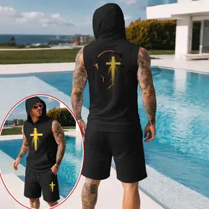 Men’s Summer Two-Piece Set – Sleeveless Hoodie & Shorts, Faith & Prayer-Inspired Cross Design, Casual Regular Fit Summer Outfit, Athletic Streetwear, Lightweight Summer Tracksuit