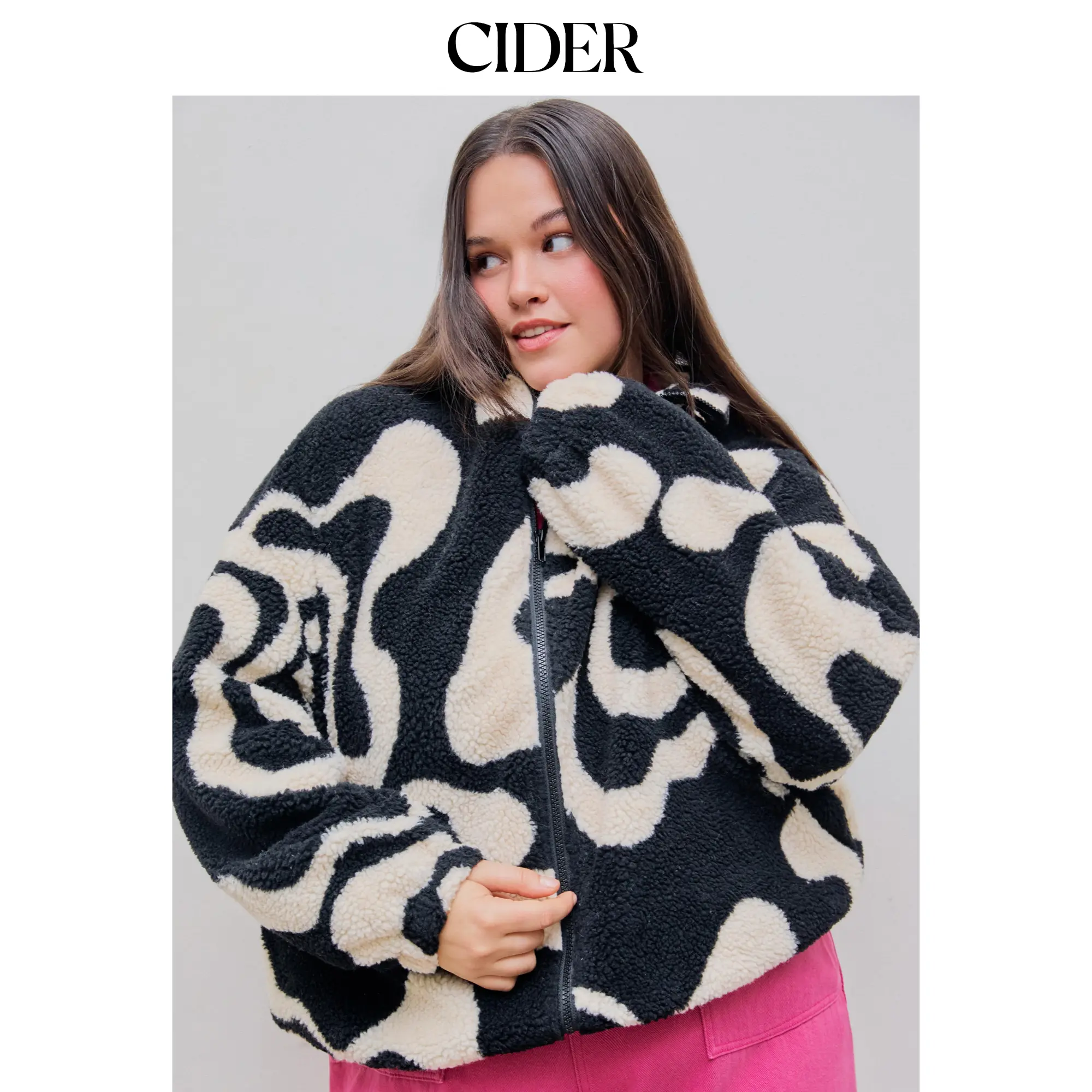 Cider [2 colors, size 2-26] Oversized Printed Fleece Zip Up Jacket Curve & Plus