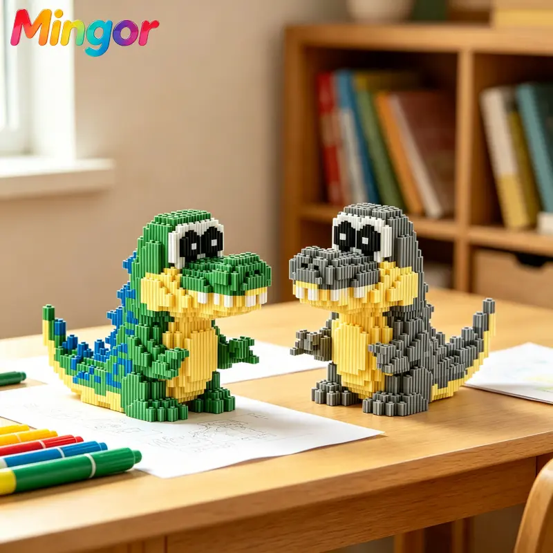 10" Kawaii Crocodile Building Block Figure, DIY Assembly Kit, Model Building Blocks, Cute 3D Desk Decor Toy for Hobbies