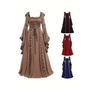 Women'S Vintage Gothic Renaissance Medieval Floor-Length Dress with Bell Sleeves & Layered Skirt - Solid Red/Black/White/Gray/Beige - All-Season Elegant Party, Cosplay & Everyday Formal Attire - Comfortable Round Neck Long Sleeve Maxi Dress for Women - In