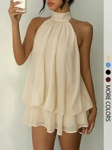 Women's Simple Solid Backless Halter One-Piece Jumpsuit, Elegant Ruffle Design, Perfect for Casual Wear, All Seasons Fashion, Womenswear