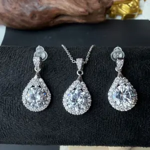 Silver Tone Teardrop CZ Pendant Necklace & Earrings Set | Fashion Jewelry for Women