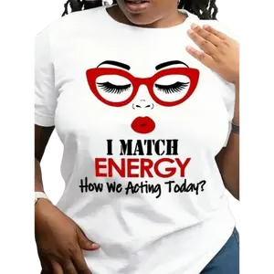 1pc  Casual T-Shirt with "I Match Energy" Slogan, Crew Neck,  Medium Stretch, All-Season Alphabet Pattern Tee