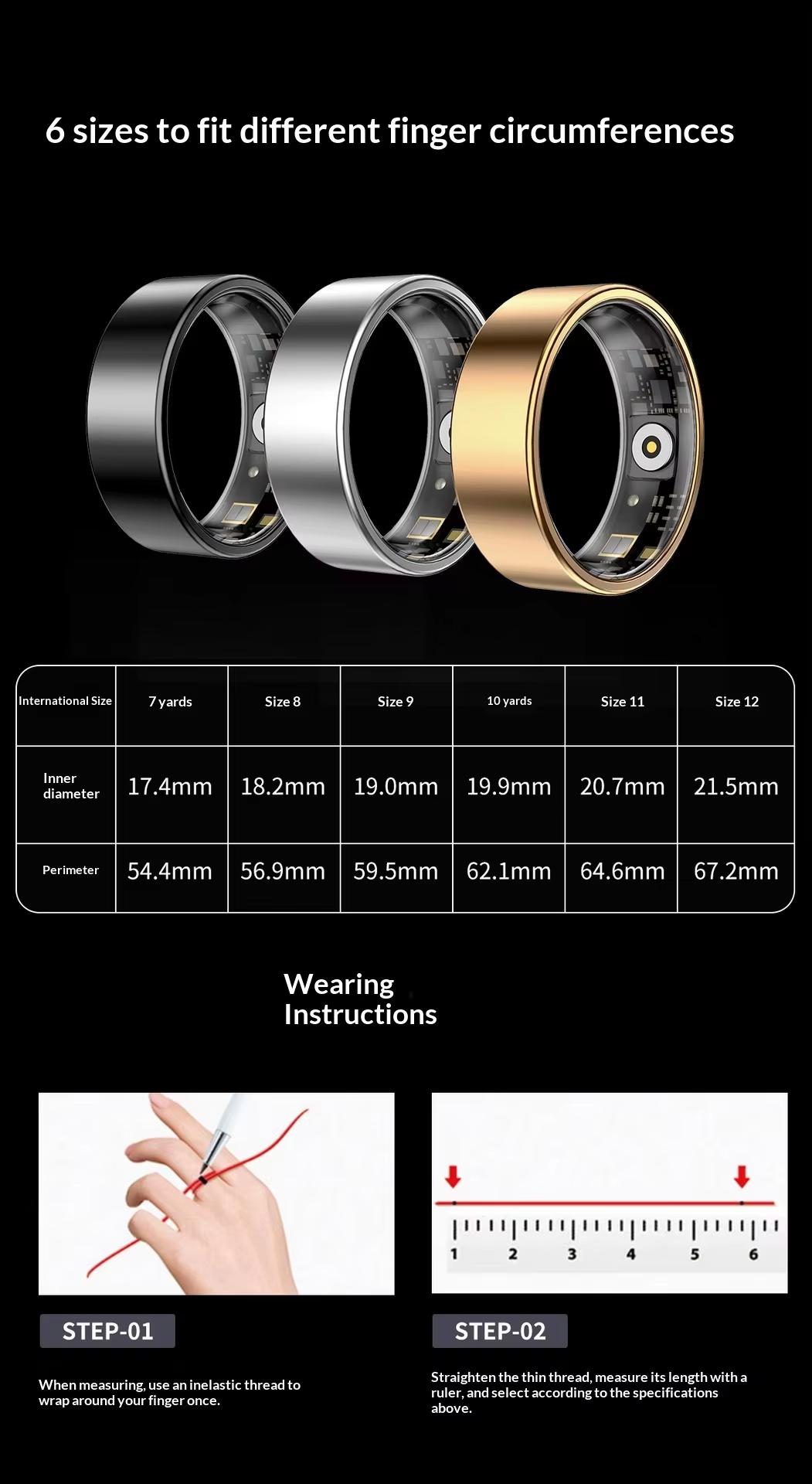 Mirlray Unisex Smart Ring Wearable Tech Fitness Tracker - Blood Oxygen, Blood Pressure, Heart Rate Monitoring, Sleep Tracking with Report, Calorie Tracker, Magnetic Charging, Long Battery, Waterproof, Android App Sync, Gold Size 7 for Adults