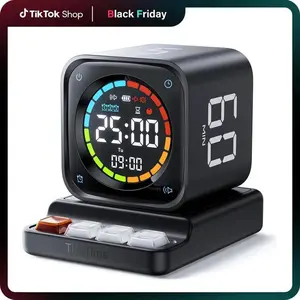 TK3 Pomodoro Timer Cube, Desk Productivity Timer with 5/10/30/60 Min Presets, Custom Countdown, Stopwatch, Clock, 3 Alarm, Silent, Vibrate & Sound Alert, for Task, ADHD, Study, Kitchen, Black