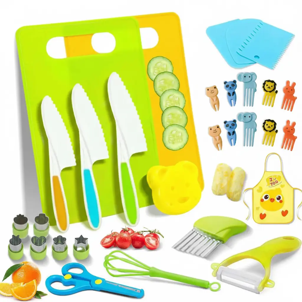 Childrens Cooking Set - Toddler Montessori Cooking Playset with Child-Safe Fruit & Veggie Cutters, Worry-Free Kitchen Tools, Perfect Party Gift for Kids
