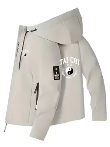 Men's Fashion Jacket with Tai Chi Logo, Zipper Pockets, Casual Hooded Design, Polyester Material, Spring & Fall Wear, Slim-Fit Outerwear