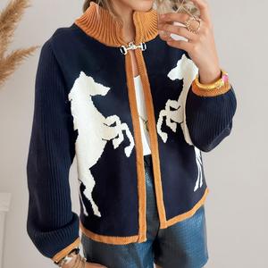 Women's Retro Horseshoe Flower Print Turtleneck Cardigan Set Cozy Knit Long Sleeve Outfit for Winter Christmas New Year Holiday Travel Casual Top