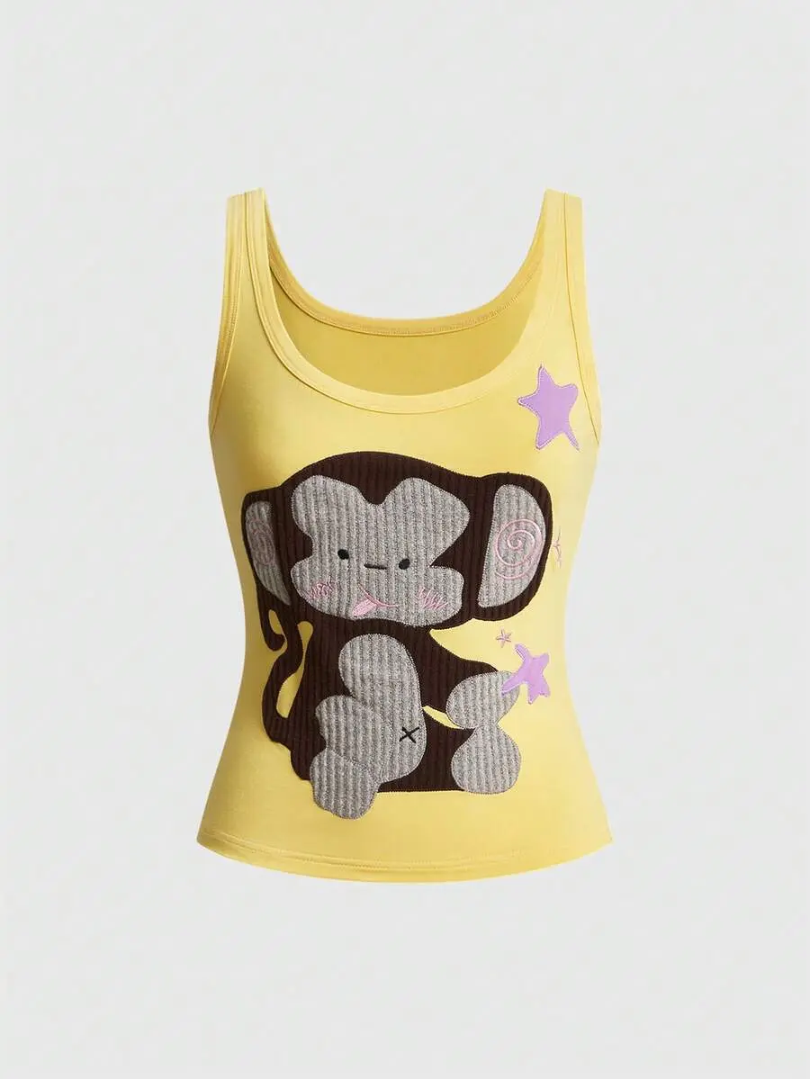 Kawaii Y2K Punk Spring/Summer/Autumn Vacation Style Handmade Cute Elephant Applique Embroidery Contrast Design Women's Tank Top, Suitable For Island, Dating, School, Valentine's Day, Home, Afternoon Tea And Other Daily Wear